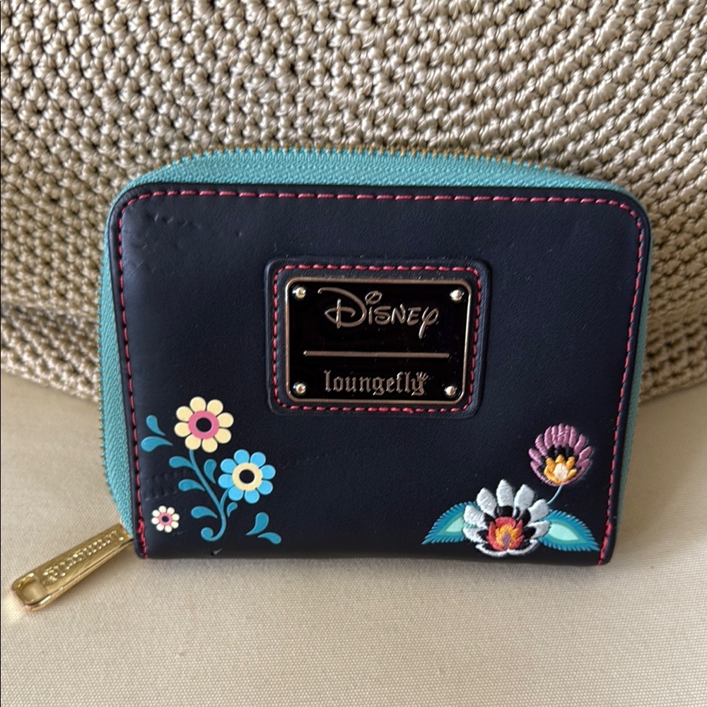 Loungefly Black Wallet with Teal Trim and Floral Embroidery